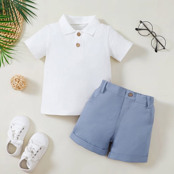 Toddler Polo Set White Polo shirt and Short Set Lapel Collar Baby Summer Clothes Cute Baby Boy Clothes 18-24 Months
