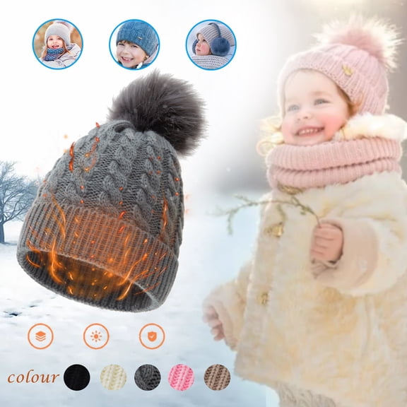 Toddler Pom Pom Beanie Cotton Lined Knit Hat for Baby Boys Girls Cold Weather