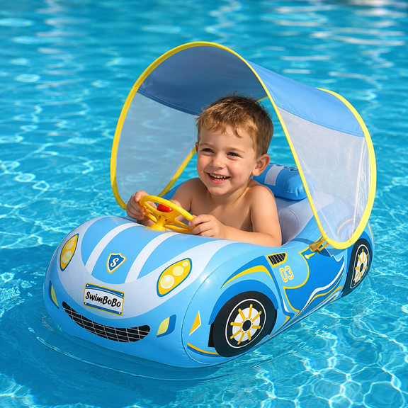 Toddler Pool Float Inflatable Car Baby Swim Float with Adjustable Sun Canopy Baby Pool Float with 3D Car Design Heavy Duty 0.35mm PVC Baby Swim Float Safety Seat Pool Toys for Kids 1-5 Years Old