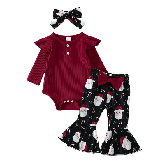 Toddler Premature Close Top Teen Girl Kid Athletic Clothe Heart Romper Baby Girl Clothes Set Girls Long Sleeve Christmas Ribbed Romper Bodysuit Cartoon Prints Bottoms Pants Headbands Red 12-18 Months