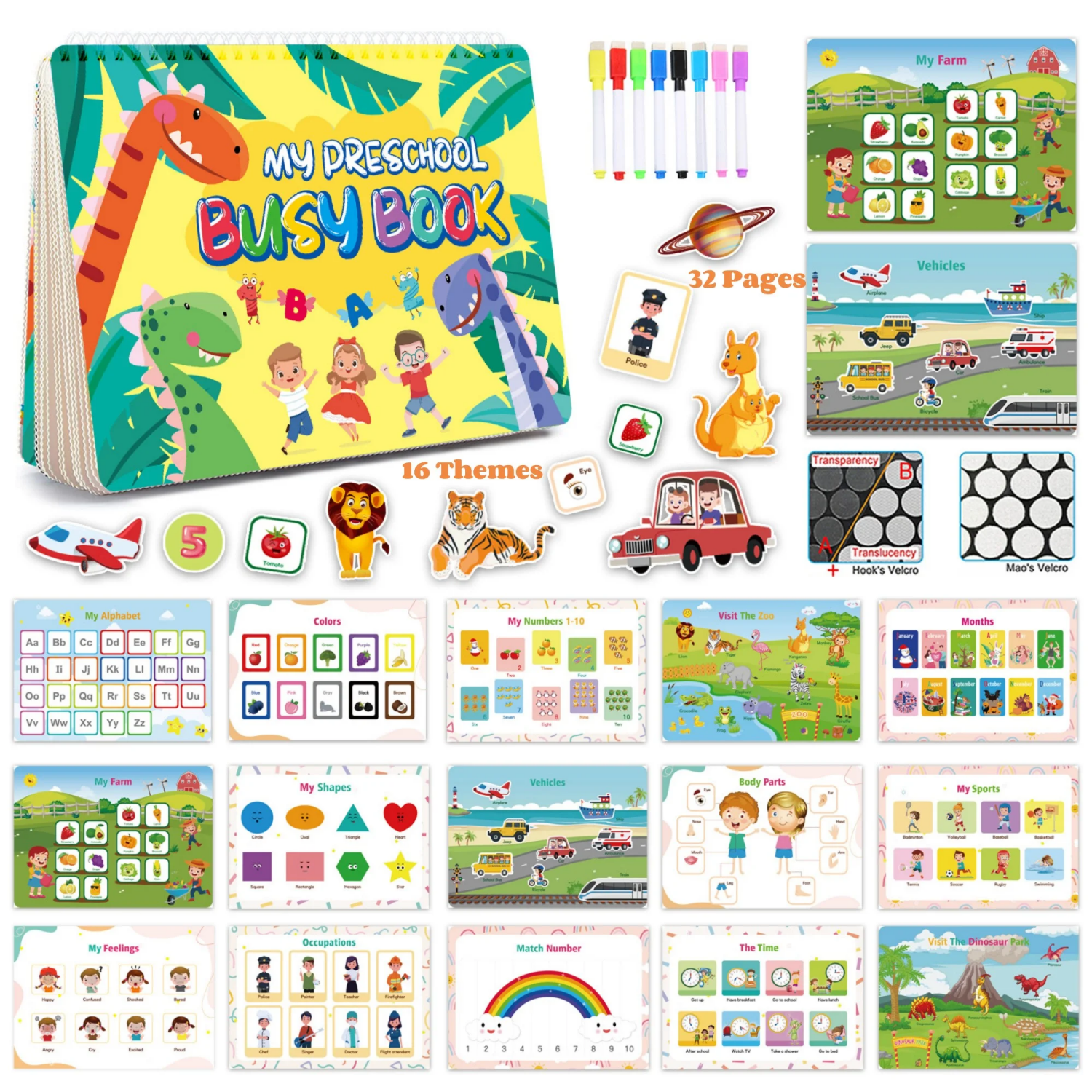 Toddler Preschool Learning Busy Book, 32 Themes Montessori Activities Workbook Education Toy, Kindergarten, Children's Day, Christmas