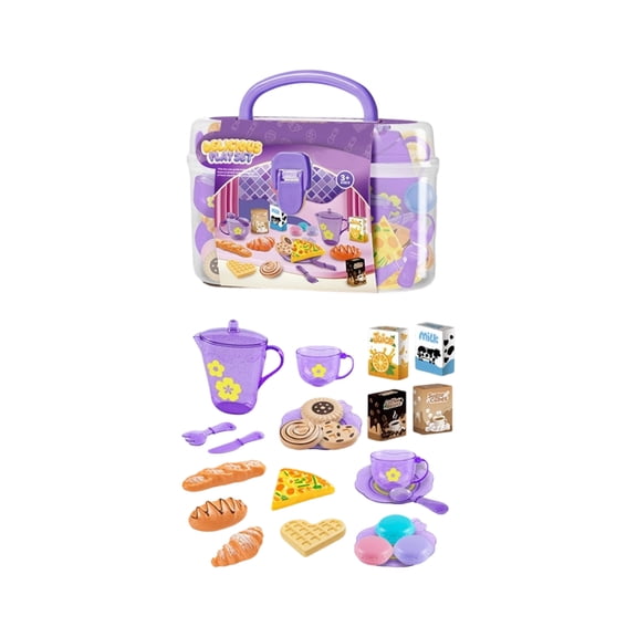 Toddler Pretend Play, Pink Play Kitchen, Play Tea Set, Plastic Dessert Cups, Plastic Tea Cups, Flatware Set, Storage Carry Case, Purple Pink, 1 Pc, Indoor Pretend Activity