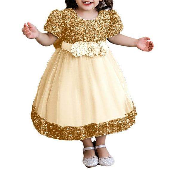 Toddler Princess Dress Size 3t-4t Trendy Sequin Puff Sleeve Flower Girl Dresses Tulle Wedding Party Clothes 6M-5T, Gold, 6 Months