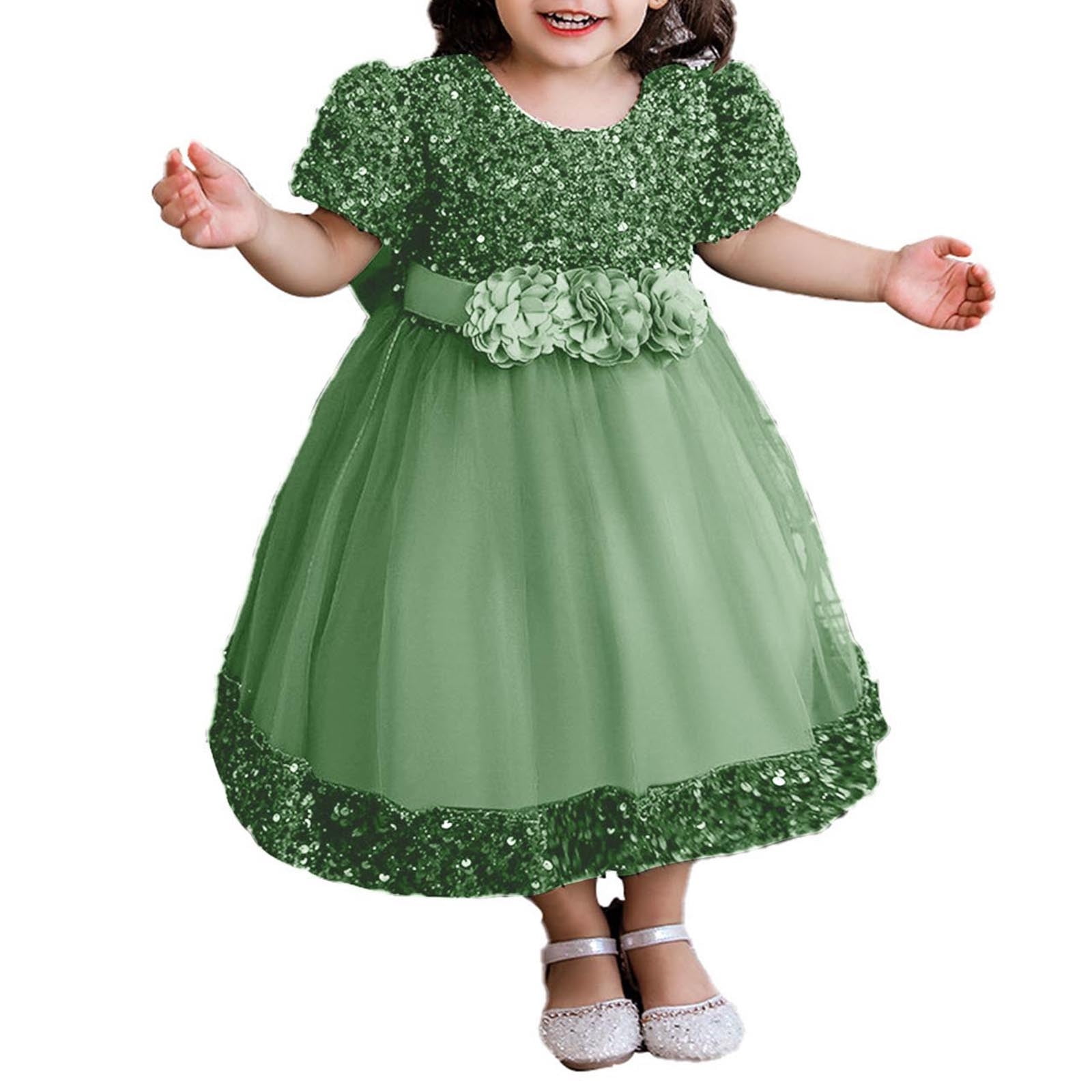 YeJammarp Toddler Princess Dress Size 3t-4t Trendy Sequin Puff Sleeve Flower Girl Dresses Tulle Wedding Party Clothes 6m-5t, Green, 12 Months, Toddler