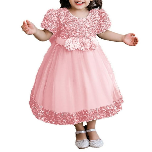 Toddler Princess Dress Size 3t-4t Trendy Sequin Puff Sleeve Flower Girl Dresses Tulle Wedding Party Clothes 6M-5T, Pink, 5 Years