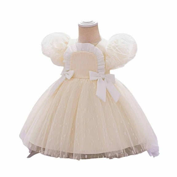 Toddler Princess Girl Dress Ruffle Front Puff Sleeve Tulle Tutu Dresses Bowknot Birthday Party Cute Fashion Dress, White, 18 Months