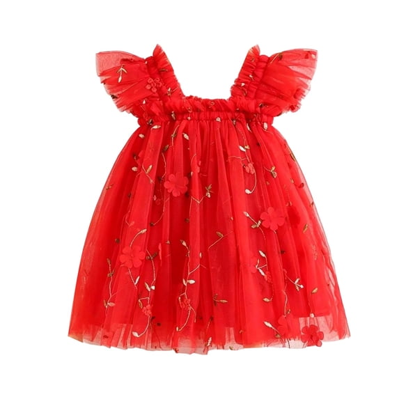 Toddler Princess Lace Applique Tulle Gown Embroidery Flutter Sleeve Party Dress 1 6Y