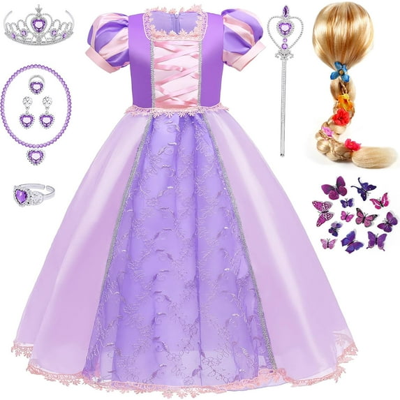 Toddler Puff Sleeve Dresses Princess Dress Up Cloths for Girl with Wig Jewelry Gift Cosplay