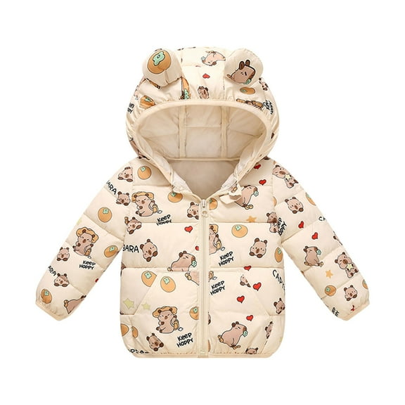 Toddler Puffer Jacket Cartoon Print Full-Zip Long Sleeve Hooded Jackets Kids Warm 2-3 Years Winter Coat Boys