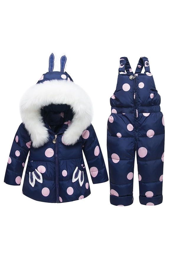 Toddler Puffer Down Jacket & Snow Bib Pants, Toddler Daily Outdoor Snowsuit Ski Set Kids Plush 2-Piece Faux Fur Hooded Snowsuit Boys Girls 2-Piece Ski Suit 1-6 Years, Dark Blue 1-2 Years