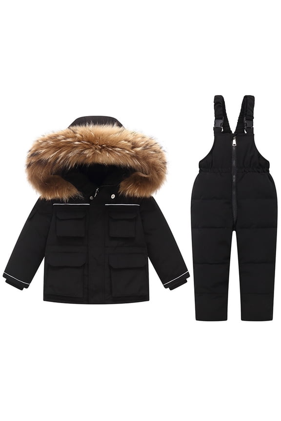 Toddler Puffer Down Jacket & Snow Bib Pants, Toddler Daily Outdoor Snowsuit Ski Set Kids Plush 2-Piece Faux Fur Hooded Snowsuit Boys Girls 2-Piece Ski Suit 1-6 Years, Black 3-4 Years