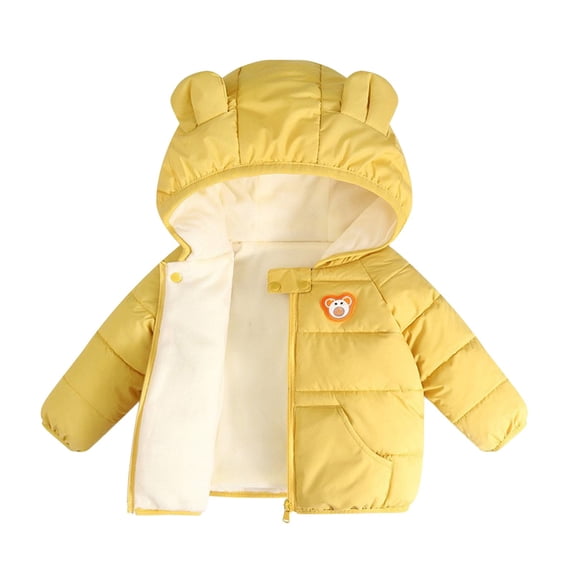 Toddler Puffer Jacket Yellow Full-Zip Long Sleeve Warm Bear Hooded Outdoor Coats Kids Warm Clothes for 3-4 Years Old Girl