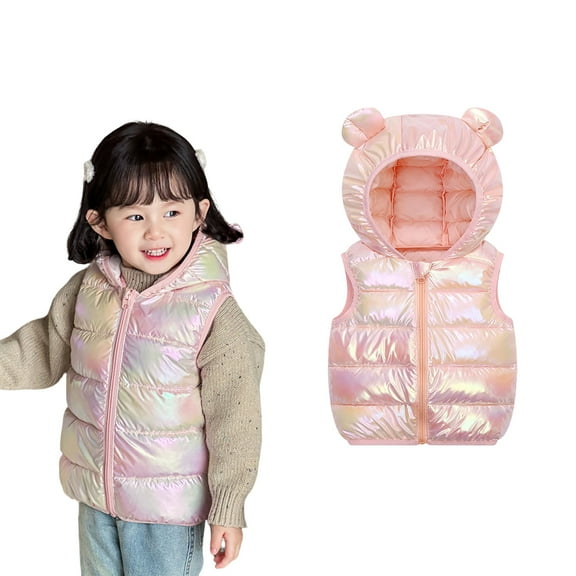 Toddler Puffer Vest Hooded Boys Pink Vest Zip up Lightweight Sleeveless Bear Ears Windproof down Jacket Kids Vest Girls 1-2 Years
