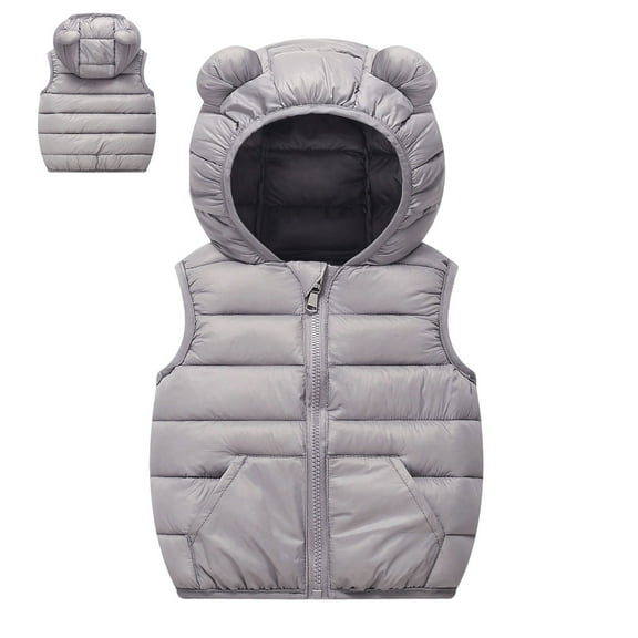 Toddler Puffer Vest Hooded Grey Down Vest Full-Zip Lightweight Sleeveless Bear Ears Windproof down Jacket Boys Vest 12-18 Months