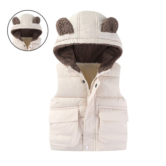 Toddler Puffer Vest Hooded Jacket Beige Down Vest Zipper Lightweight Waterproof Sleeveless Bear Ears Outwear Kids Vest 12-24 Months