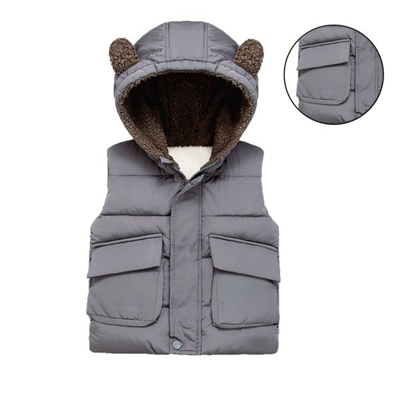 Toddler Puffer Vest Hooded Jacket Grey Vest Kids Full-Zip Sleeveless Bear Ears Lightweight Boys Puffer Jacket Baby Girl Winter Coat 12-24 Months