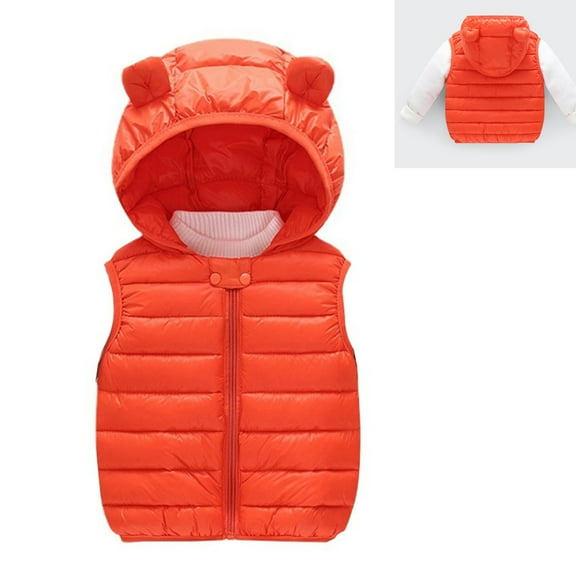 Toddler Puffer Vest Hooded Jacket Orange Puffer Vest Full-Zip Lightweight Sleeveless Bear Ears Windproof down Jacket Baby Girl Winter Coat 12-18 Months