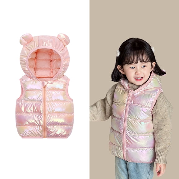 Toddler Puffer Vest Hooded Jacket Pink Down Vest Zipper Lightweight Sleeveless Bear Ears Windproof down Jacket Kids Vest Girls 2-3 Years