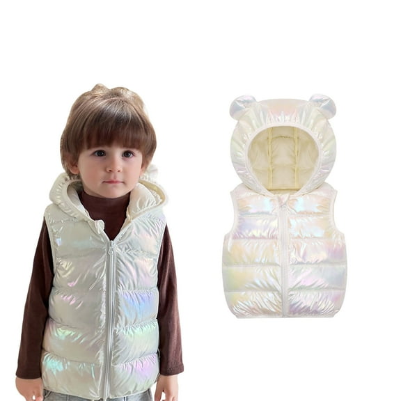 Toddler Puffer Vest Hooded White Puffer Vest Full-Zip Sleeveless Bear Ears Lightweight Kids Puffer Jacket Fall Clothes 1-2 Years