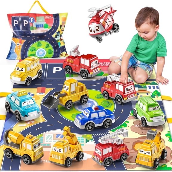 Smart Chef Pull Back Car Toys for Toddlers 1-3 Year Old with Play Mat and Storage Bag 12 Pieces Mini