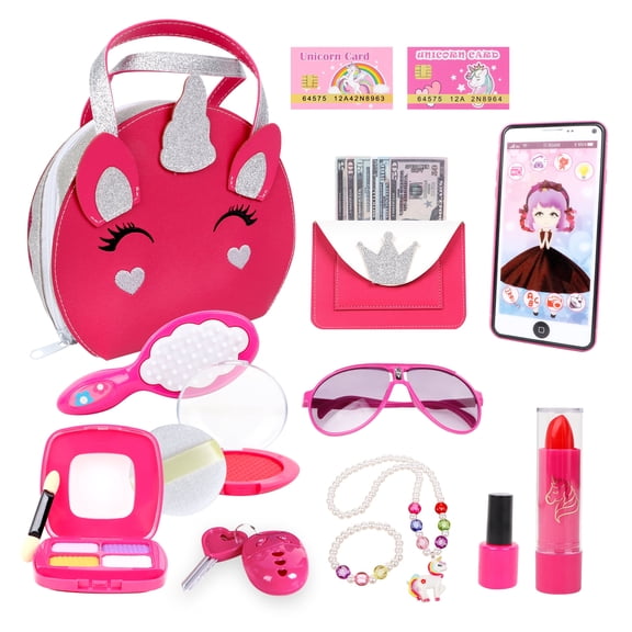 Toddler Purse Pretend Play Toys Includes Fake Makeup Kit, Unicorn Handbag, Phone, Wallet and Jewelry for Little Girls Age 3 4 5 6 7 8 Kids Your Princess Niece Granddaughter Birthday Xmas Gifts