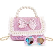 Toddler Purse for Girls With Pearl Bow and Sunglasses Kids Crossbody Bag, Princess Handbag, Birthday GiftPink