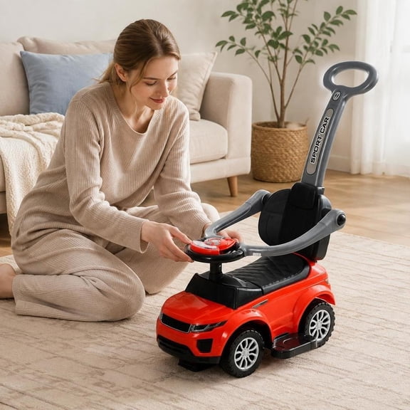 Toddler Push Car Stroller, 2 in 1 Ride on Car with Horn, Music, Lights, 360 Guardrail