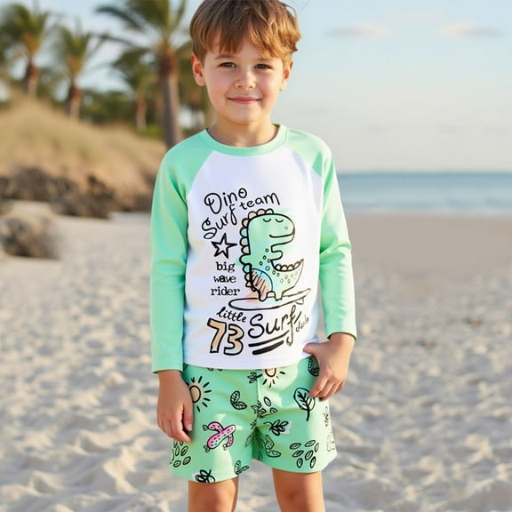 Toddler Quick Dry Swimwear 2 Piece Set Cartoon Dinosaur & Letter Print Long Sleeved Top & Shorts Green 3 Y-4 Y