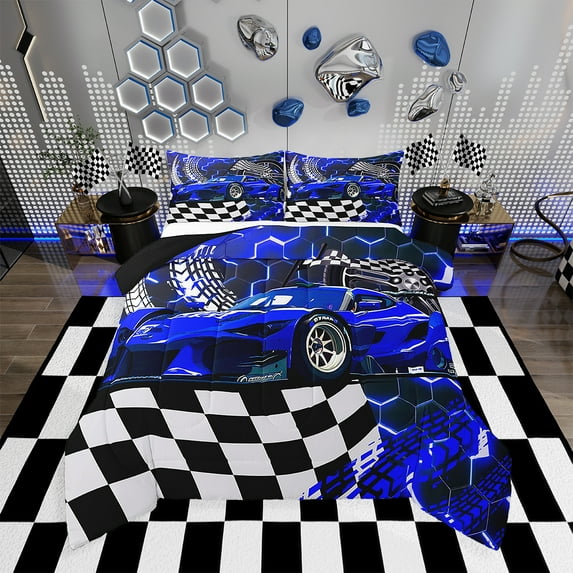 Toddler Race Car Bed,Blue Neon Lights Honeycomb Bedding Set Cool Sports Car Glitter Beehive Geometric Hexagon Comforter Set Full,Black White Grid Lattice Quilt Buffalo Plaid Decor