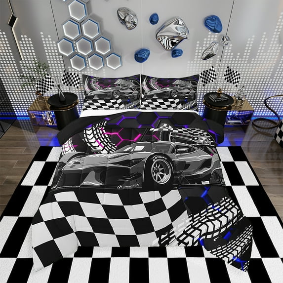 Toddler Race Car Bed,Blue Purple Neon Lights Honeycomb Bedding Set Cool Sports Car Glitter Beehive Geometric Hexagon Queen Comforter Set,Black White Grid Lattice Quilt Buffalo Plaid Decor