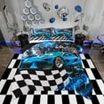 thumbnail image 1 of Toddler Race Car Bed Neon Lights Honeycomb Bedding Set Cool Sports Car Glitter Beehive Geometric Hexagon Comforter Set Full,Black White Grid Lattice Quilt Buffalo Plaid Decor, 1 of 6
