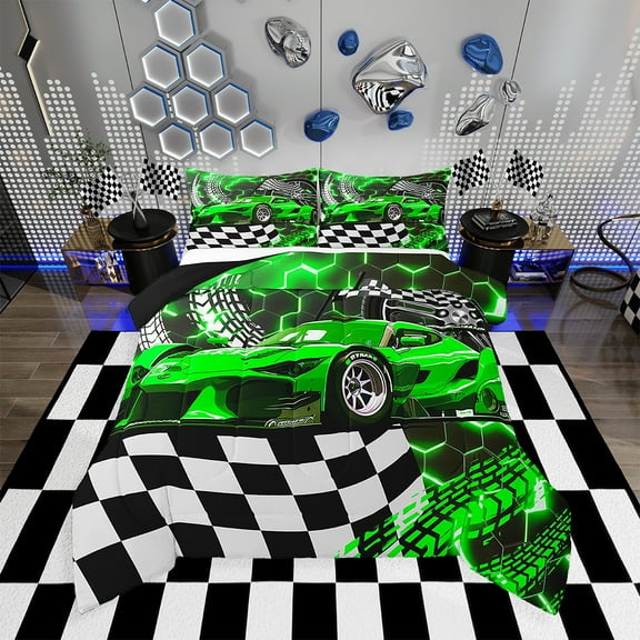Toddler Race Car Bed Neon Lights Honeycomb Bedding Set Cool Sports Car Glitter Beehive Geometric Hexagon Comforter Set Full,Black White Grid Lattice Quilt Buffalo Plaid Decor