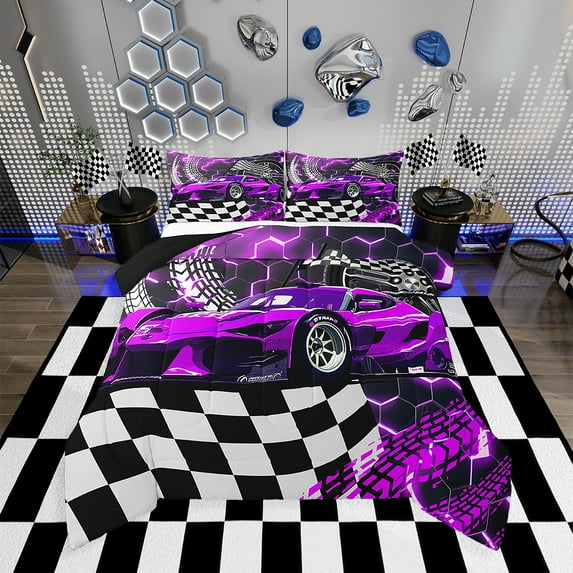 Toddler Race Car Bed Neon Lights Honeycomb Twin Size Bedding Set Cool Sports Car Glitter Beehive Geometric Hexagon Comforter Set,Black White Grid Lattice Quilt Buffalo Plaid Decor