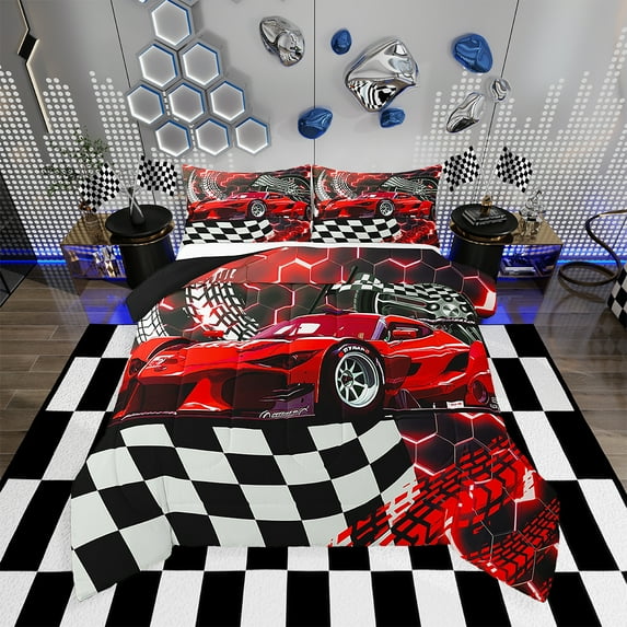 Toddler Race Car Bed,Red Neon Lights Honeycomb Twin Size Bedding Set Cool Sports Car Glitter Beehive Geometric Hexagon Comforter Set,Black White Grid Lattice Quilt Buffalo Plaid Decor
