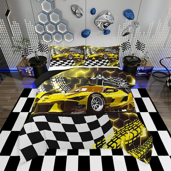 Toddler Race Car Bed,Yellow Neon Lights Honeycomb Bedding Set Cool Sports Car Glitter Beehive Geometric Hexagon Comforter Set King,Black White Grid Lattice Quilt Buffalo Plaid Decor