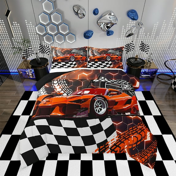 Toddler Race Car Bed,Orange Neon Lights Honeycomb Twin Bedding Set Cool Sports Car Glitter Beehive Geometric Hexagon Comforter Set,Black White Grid Lattice Quilt Buffalo Plaid Decor
