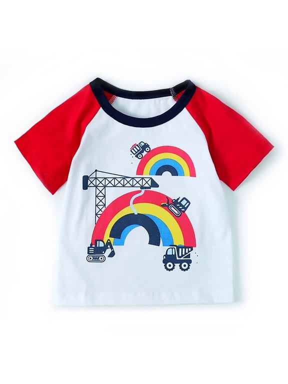 Toddler Raglan Colourful T Shirt Baby Boys Girls Fashion Cartoon Rainbow Bridge Tees Kids Short Sleeve Cotton Clothes, Sizes 2-7T