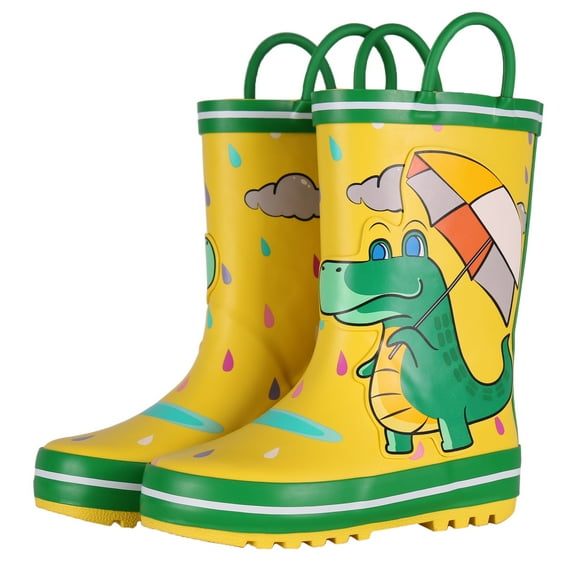 Toddler Rain Boots Kids Waterproof Printed Boys Girls Natural Rubber Rainboots with Handles,Yellow Dinosaur,5T