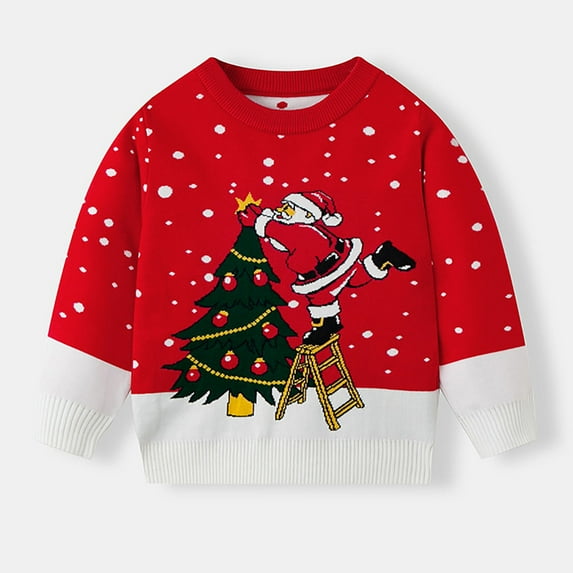 Toddler Red Christmas Sweater 3 Years, Santa Snowflake Print 100% Polyester, Festive Holiday Pullover for 3-Year-Old Kids