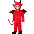 thumbnail image 1 of Toddler Red Hooded Jumpsuit with Horns, Tail and Bat Wings, Soft Halloween Outfit for Boys Girls, S, 1 of 4