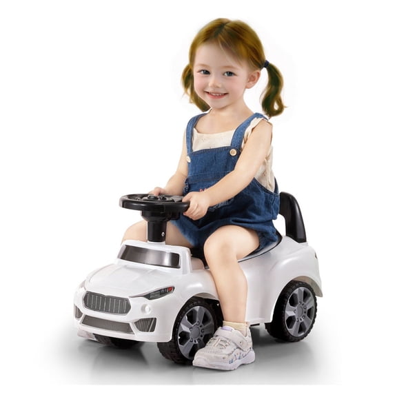 Toddler Ride On Car, Ages 1-3, Push Ride Racer Toy, Sit to Stand, Music Steering Wheel, Under Seat Storage, White