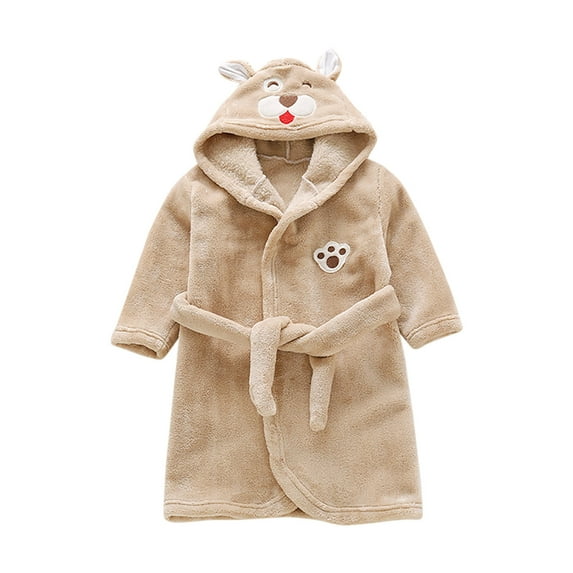 Toddler Robe Boys Girls Hooded Flannel Bathrobe Long Sleeve Soft Fleece Plush Robes Cute Animal Pajamas Sleepwear, Khaki, 2 Years