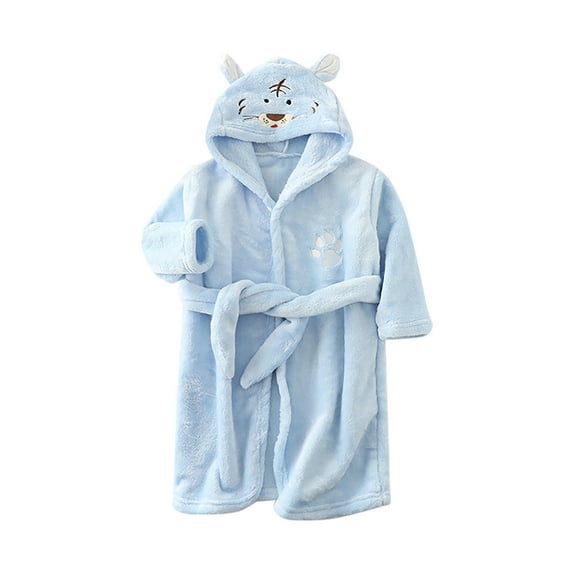 Toddler Robe Boys Girls Hooded Flannel Bathrobe Long Sleeve Soft Fleece Plush Robes Cute Animal Pajamas Sleepwear, Light Blue, 2 Years