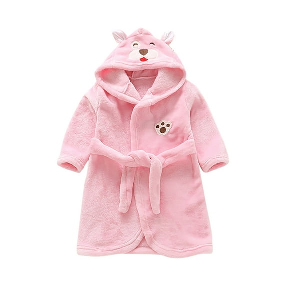 Toddler Robe Boys Girls Hooded Flannel Bathrobe Long Sleeve Soft Fleece Plush Robes Cute Animal Pajamas Sleepwear, Light Pink, 7 Years