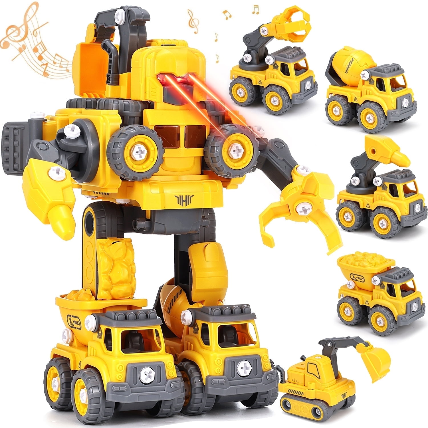 Toddler Robot Construction Vehicles Set, 5 in 1 Construction Car Toy & Transforming Robots for Kids DIY Assembly STEM Educational Toys for 3 4 5 6 7 Year Old Boys Gifts