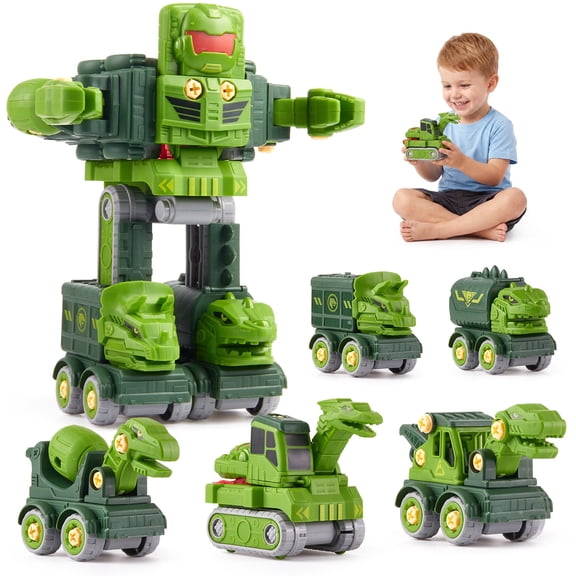 Dinosaur Transforming Robot Toys for Kids, 5-in-1 Dino Take Apart Transform Cars Toys, STEM Educational Building Toys Gift for Boys Ages 3 4 5 6 7 8 Years
