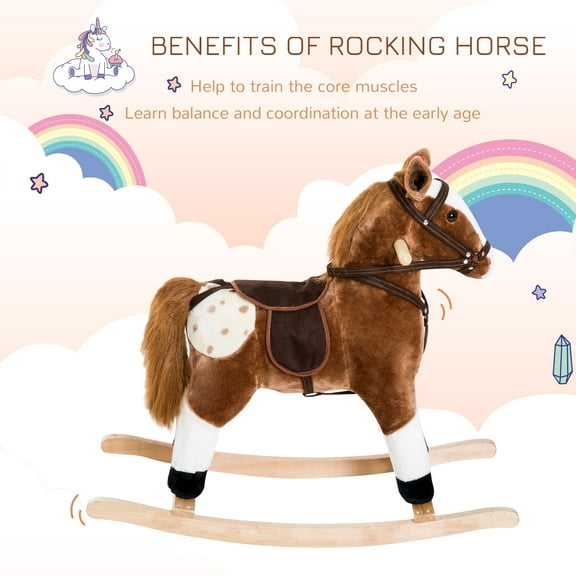 Toddler Rocking Horse, Brown White Soft Seat Wooden Polyester Frame, Realistic Neighing/Galloping Sounds , 110lbs Capacity for 36+ Months