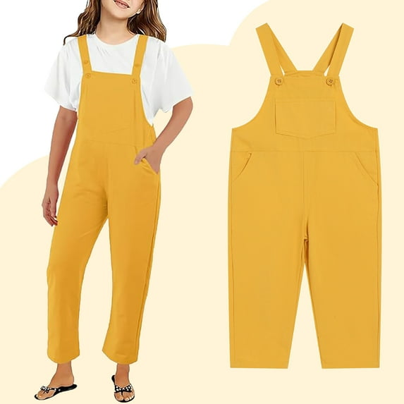 Toddler Romper Jumpsuit Girls Overalls Kids Casual Sleeveless Girls Overalls with Pockets Yellow Jumpsuit Clothes for 3-4 Years Old Girls