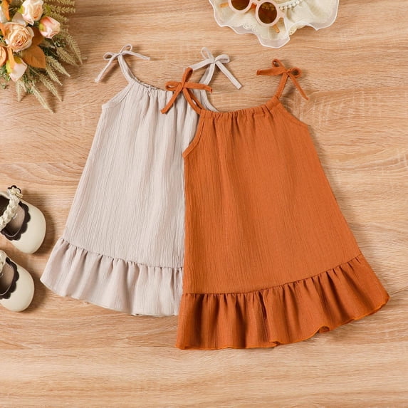 Toddler Ruffled Dress For Girls Adjustable Bowtie Straps Sleeveless Solid Color Dress Kids Summer Spring Fall Daily Sundress For Girls,18-24 M,Brown