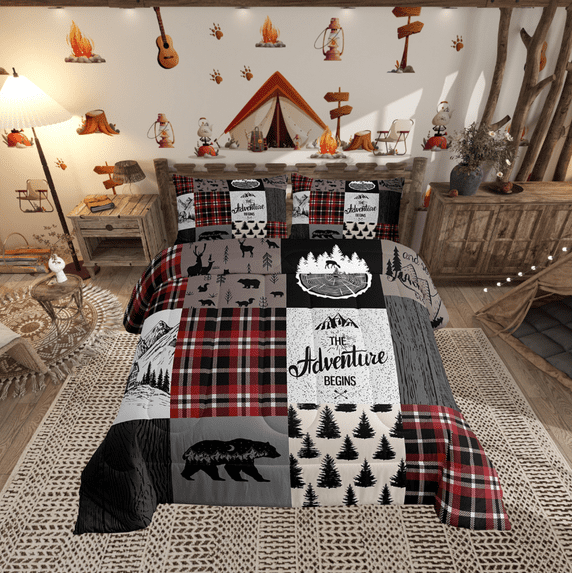 Rustic Cabin Comforter Set, Farmhouse Deer Bear Bedding Full Size Country Lodge Camping Quilt Hunting Wild Animal Retro Buffalo Bedding Comforter Sets Teenage, Brown Grey Black